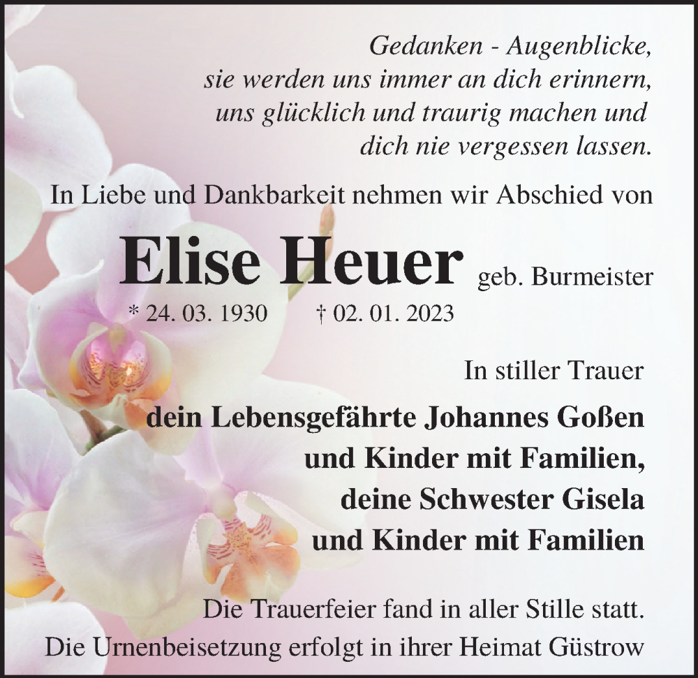  Traueranzeige für Elise Heuer vom 23.01.2023 aus Tageszeitung