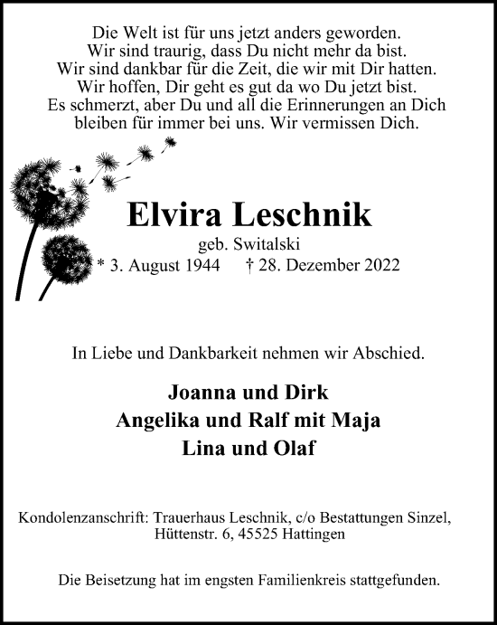 Traueranzeige von Elvira Leschnik von WVW Anzeigenblätter