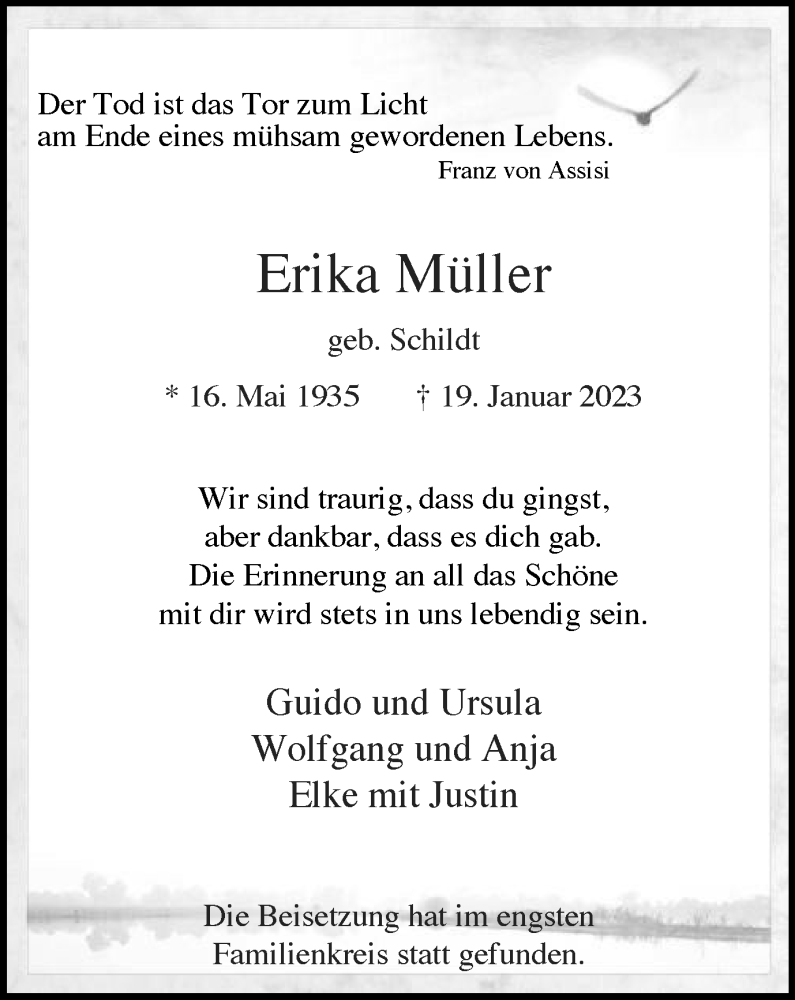  Traueranzeige für Erika Müller vom 28.01.2023 aus WVW Anzeigenblätter