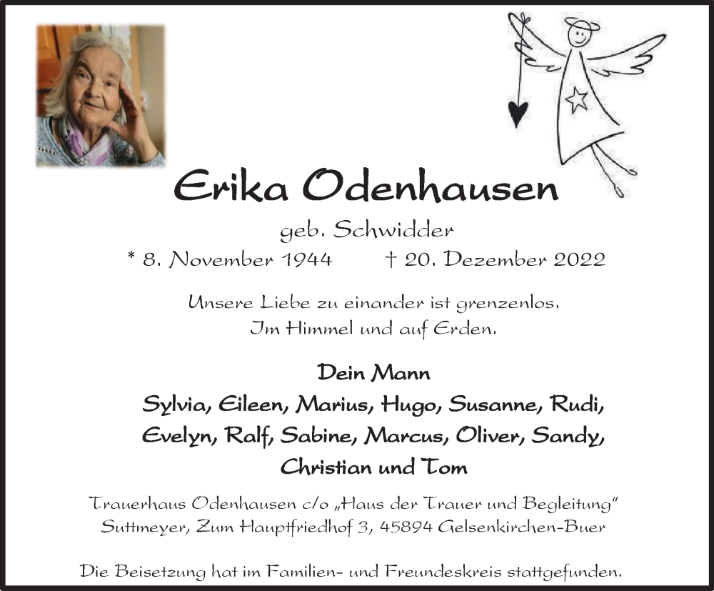  Traueranzeige für Erika Odenhausen vom 07.01.2023 aus WVW Anzeigenblätter