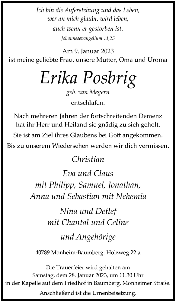 Traueranzeige für Erika Posbrig vom 21.01.2023 aus WVW Anzeigenblätter