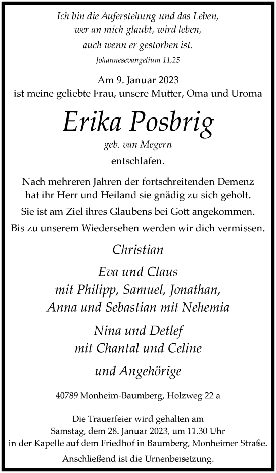 Traueranzeige von Erika Posbrig von WVW Anzeigenblätter