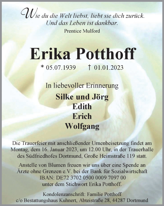 Traueranzeige von Erika Potthoff von Tageszeitung