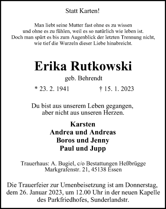 Traueranzeige von Erika Rutkowski von Tageszeitung