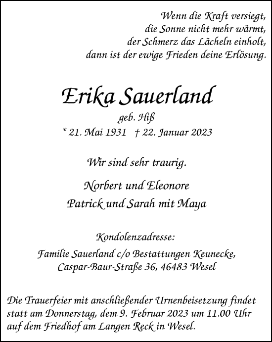 Traueranzeige von Erika Sauerland von Tageszeitung