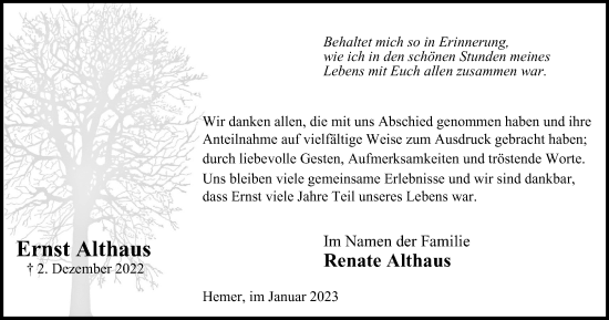 Traueranzeige von Ernst Althaus von Tageszeitung