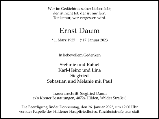 Traueranzeige von Ernst Daum von WVW Anzeigenblätter
