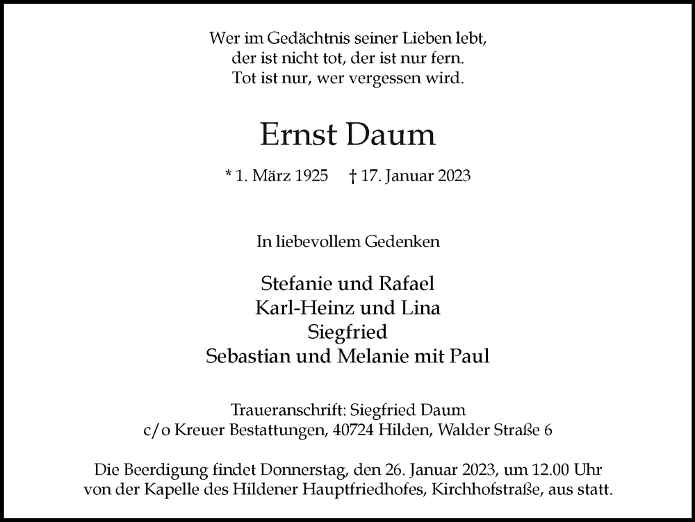  Traueranzeige für Ernst Daum vom 21.01.2023 aus WVW Anzeigenblätter