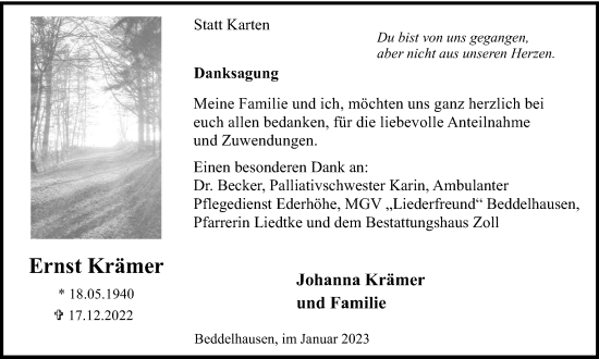 Traueranzeige von Ernst Krämer von Tageszeitung