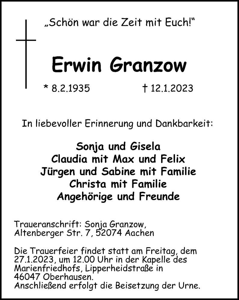  Traueranzeige für Erwin Granzow vom 21.01.2023 aus WVW Anzeigenblätter
