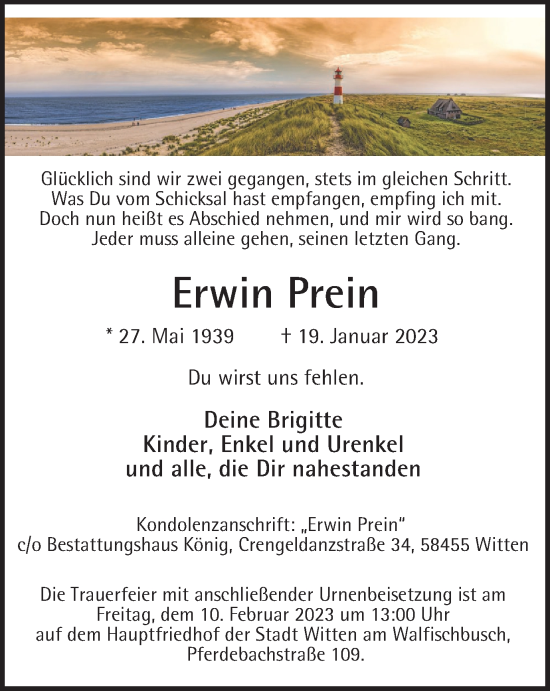 Traueranzeige von Erwin Prein von WVW Anzeigenblätter