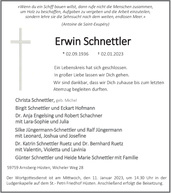 Traueranzeige von Erwin Schnettler von Tageszeitung