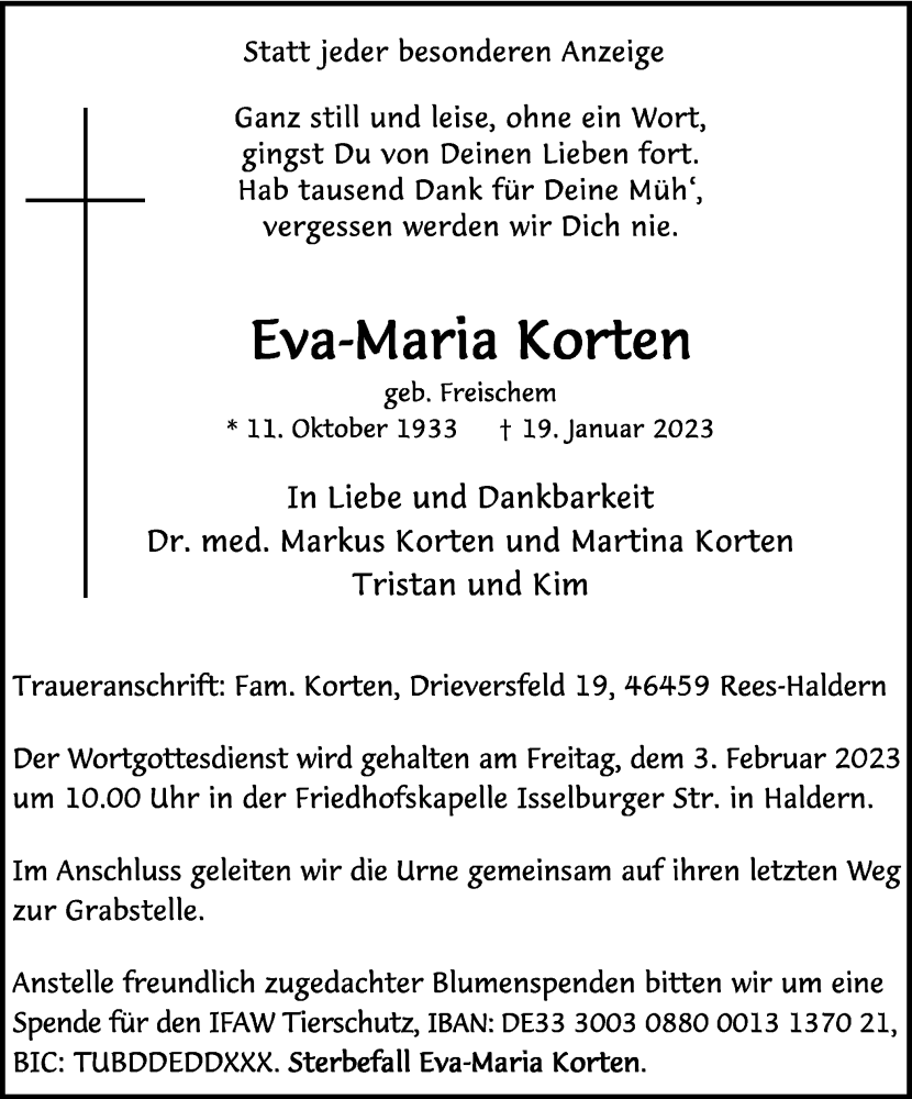  Traueranzeige für Eva-Maria Korten vom 28.01.2023 aus WVW Anzeigenblätter