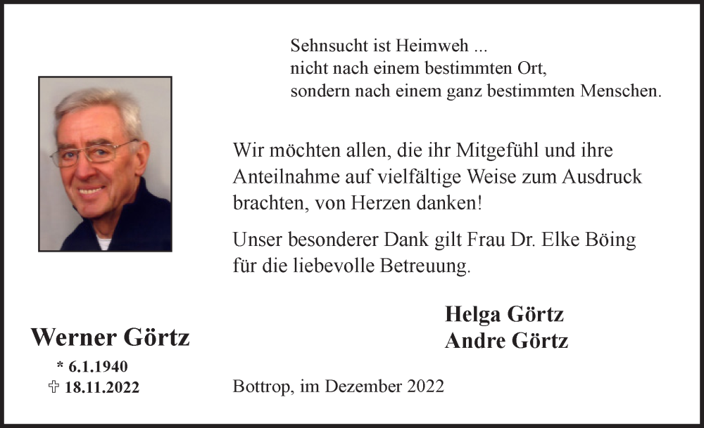  Traueranzeige für Werner Görtz vom 03.01.2023 aus WVW Anzeigenblätter