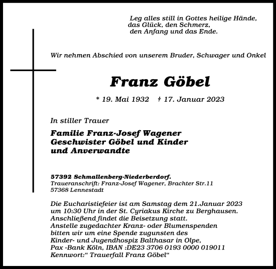 Traueranzeige von Franz Göbel von Tageszeitung