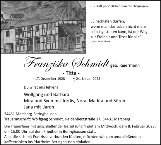 Traueranzeige von Franziska Schmidt von Tageszeitung