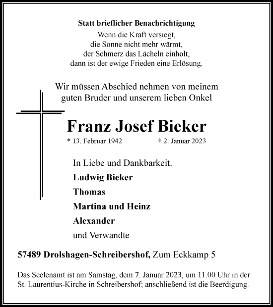 Traueranzeige von Franz Josef Bieker von Tageszeitung