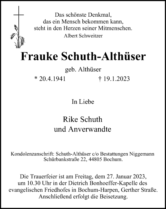 Traueranzeige von Frauke Schuth-Althüser von Tageszeitung