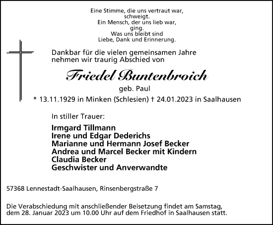 Todesanzeige von Friedel Buntenbroich von Tageszeitung
