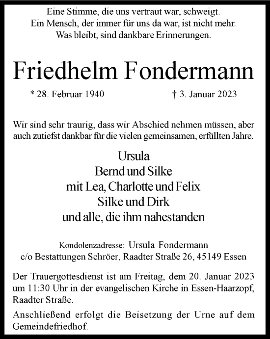 Traueranzeigen Von Friedhelm Fondermann Trauer In NRW De