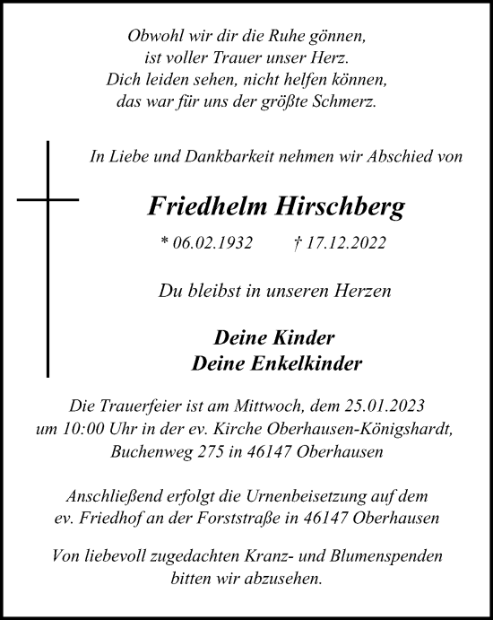 Traueranzeige von Friedhelm Hirschberg von Tageszeitung