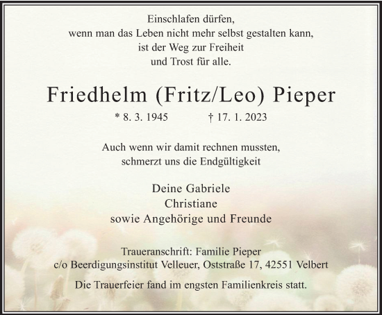 Traueranzeige von Friedhelm Pieper von WVW Anzeigenblätter