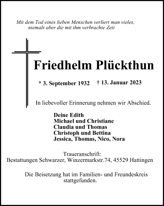 Traueranzeige von Friedhelm Plückthun von WVW Anzeigenblätter