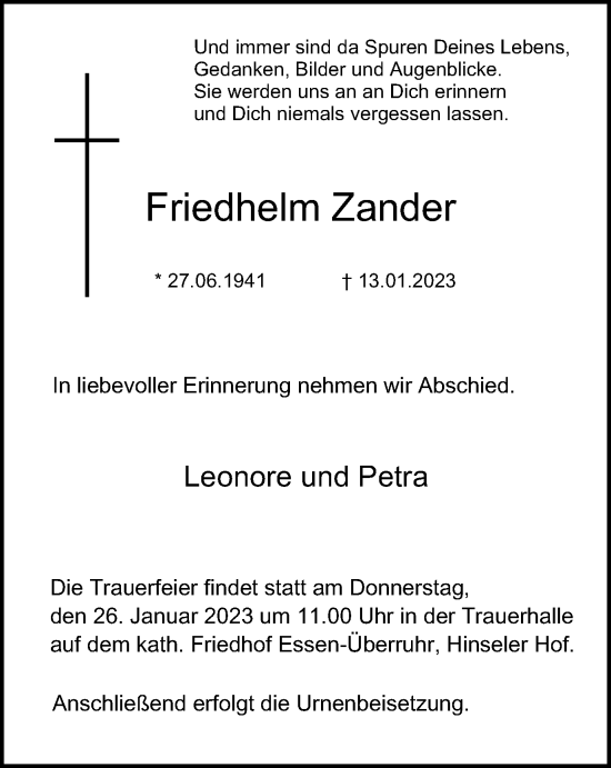 Traueranzeige von Friedhelm Zander von Tageszeitung