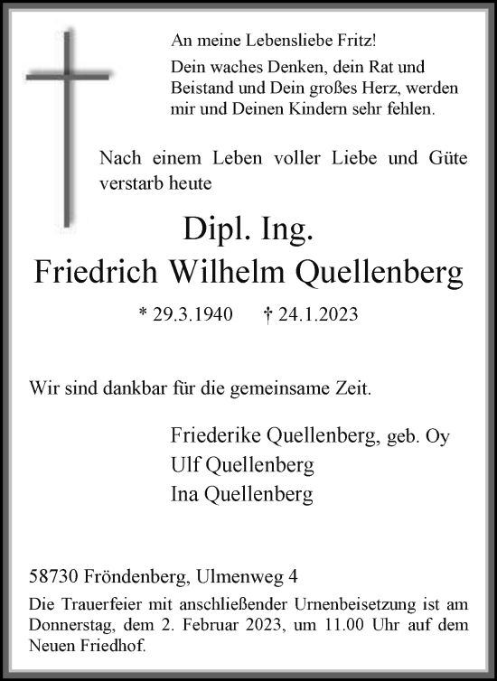 Traueranzeige von Friedrich Wilhelm Quellenberg von WVW Anzeigenblätter