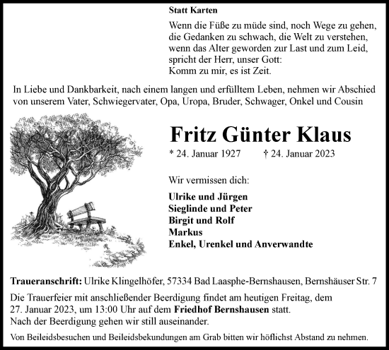Todesanzeige von Fritz Günter Klaus von Tageszeitung