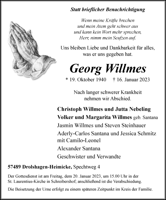 Traueranzeige von Georg Willmes von Tageszeitung