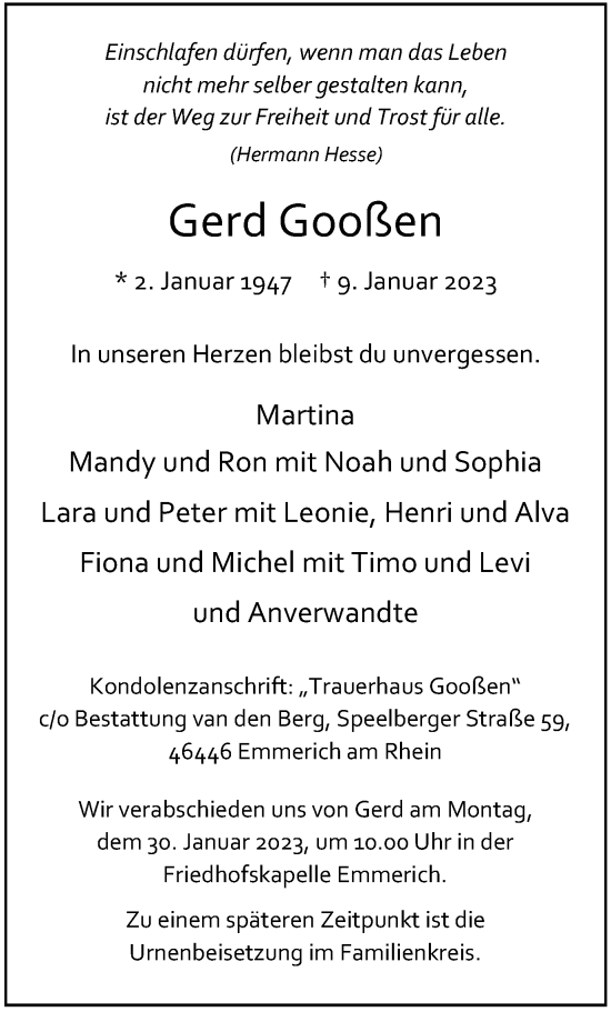 Traueranzeige von Gerd Gooßen von WVW Anzeigenblätter
