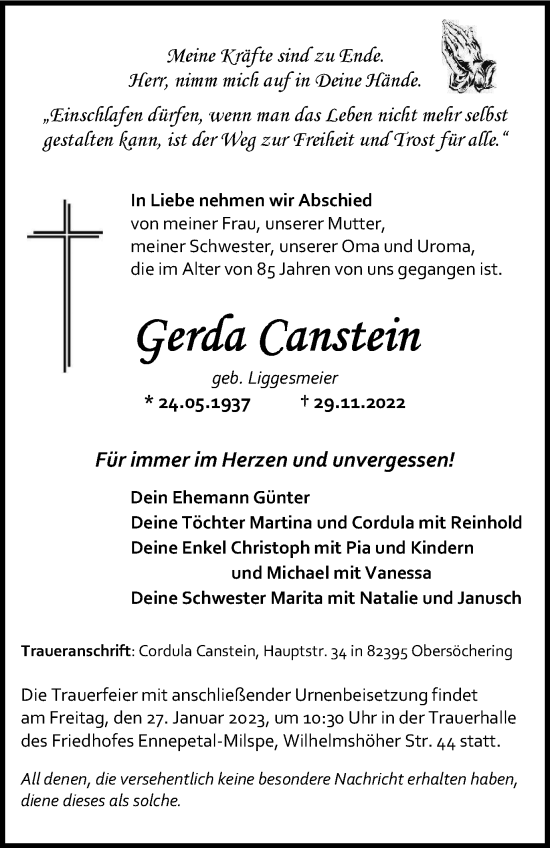 Traueranzeige von Gerda Canstein von Tageszeitung