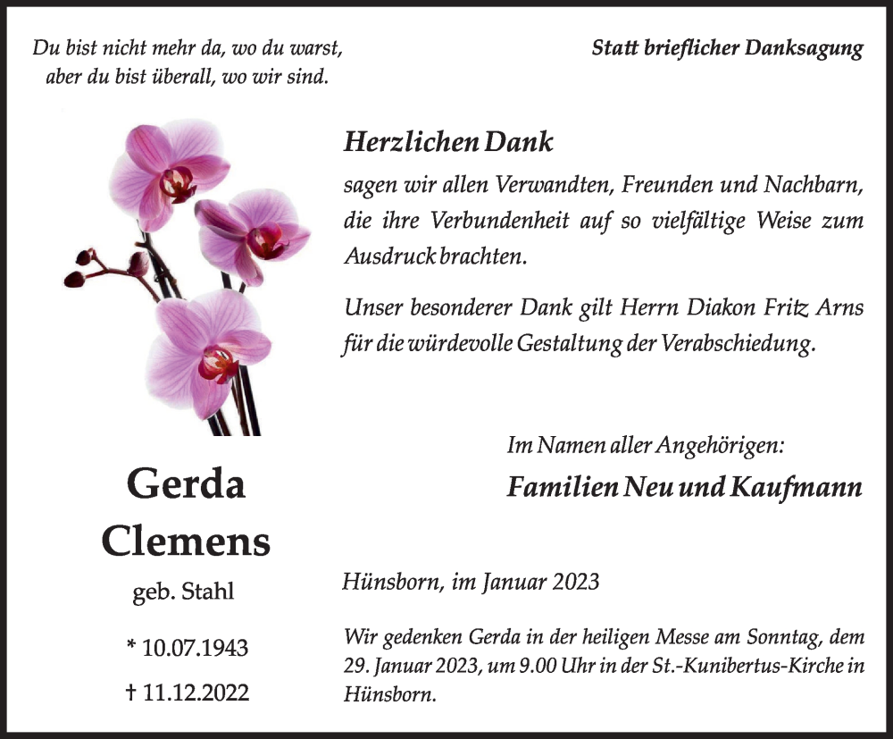  Traueranzeige für Gerda Clemens vom 25.01.2023 aus Tageszeitung