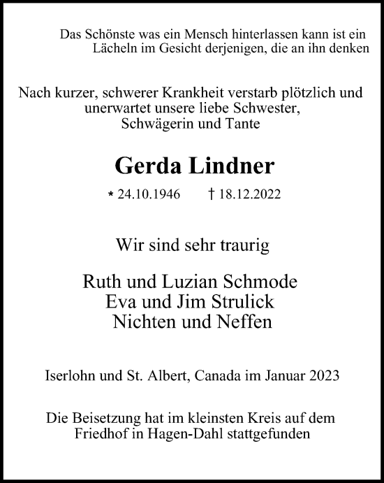 Traueranzeige von Gerda Lindner von Tageszeitung