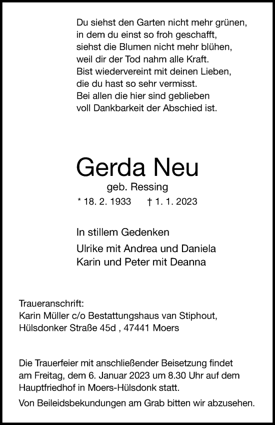 Traueranzeige von Gerda Neu von Tageszeitung