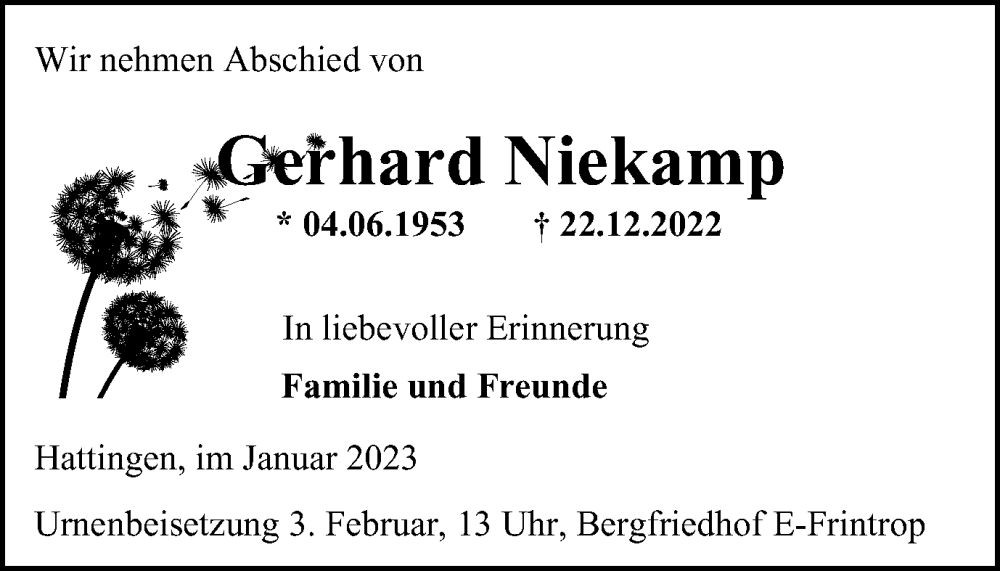  Traueranzeige für Gerhard Niekamp vom 17.01.2023 aus Tageszeitung