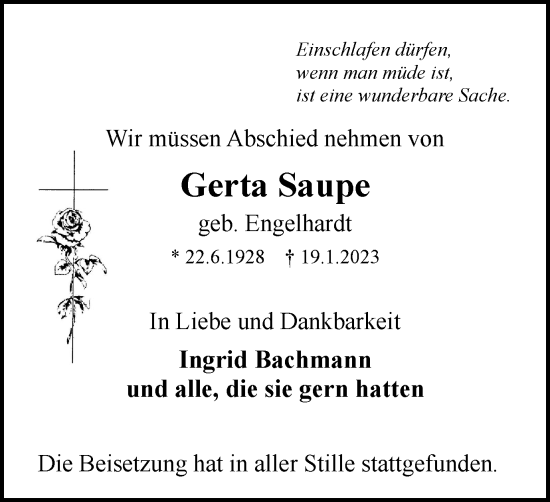 Traueranzeige von Gerta Saupe von Tageszeitung