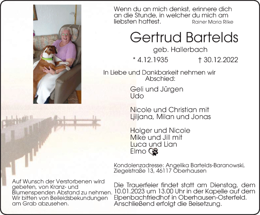  Traueranzeige für Gertrud Bartelds vom 07.01.2023 aus WVW Anzeigenblätter