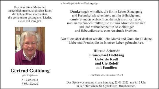 Traueranzeige von Gertrud Gottdang von Tageszeitung