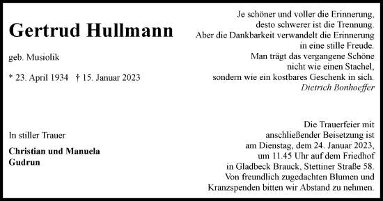 Traueranzeige von Gertrud Hullmann von WVW Anzeigenblätter