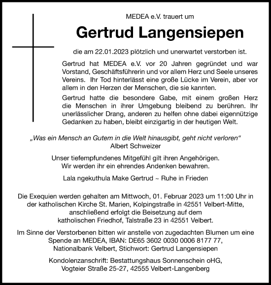 Traueranzeige von Gertrud Langensiepen von Tageszeitung