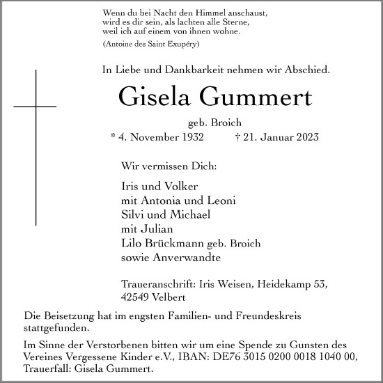 Traueranzeige von Gisela Gummert von WVW Anzeigenblätter