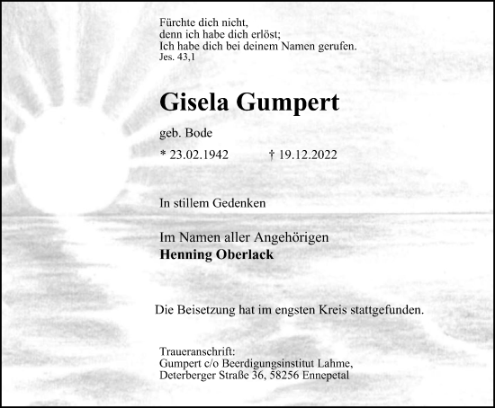 Traueranzeige von Gisela Gumpert von Tageszeitung