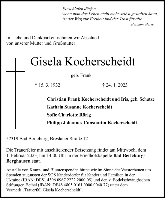 Traueranzeige von Gisela Kocherscheidt von Tageszeitung