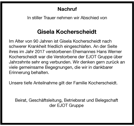 Traueranzeige von Gisela Kocherscheidt von Tageszeitung