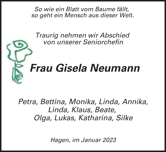 Traueranzeige von Gisela Neumann von Tageszeitung