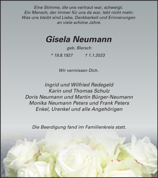 Traueranzeige von Gisela Neumann von Tageszeitung