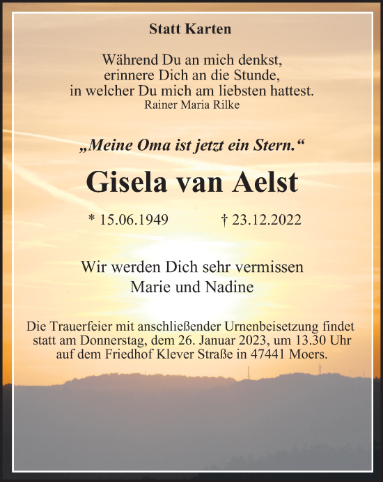 Traueranzeige von Gisela van Aelst von Tageszeitung