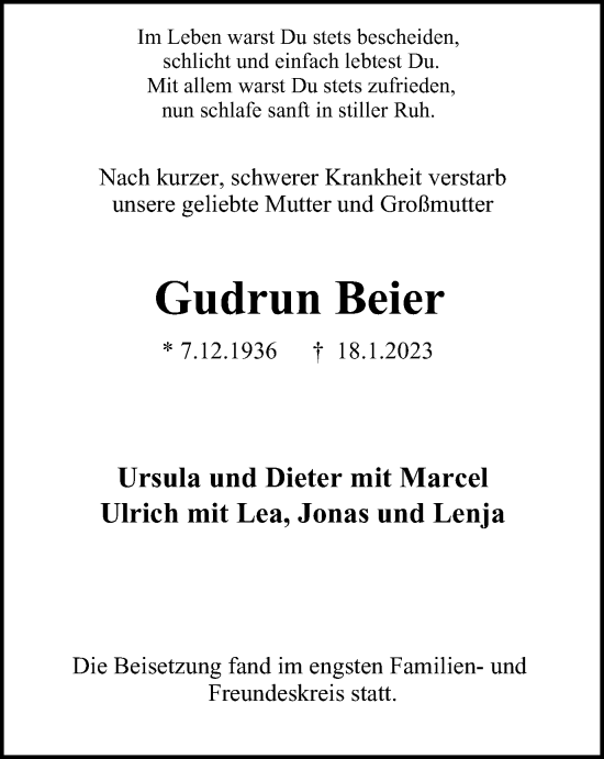 Traueranzeige von Gudrun Beier von Tageszeitung